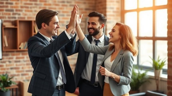 Business professionals celebrating a revenue-based business loan.