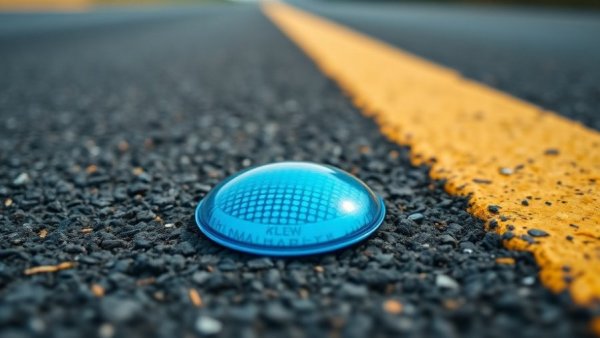 Close-up of blue road reflector on asphalt road indicating its meaning.