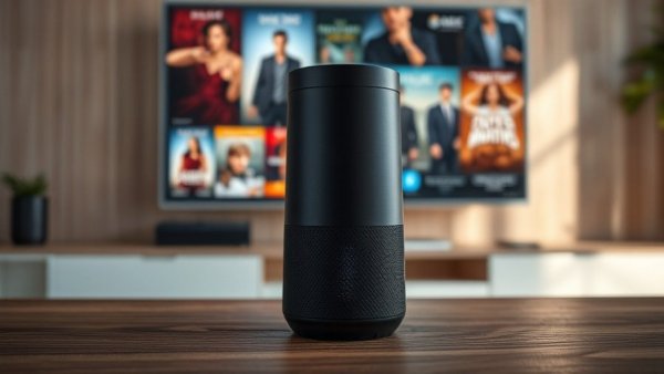 Smart speaker with red LED, compatible with Amazon Alexa, in front of TV.