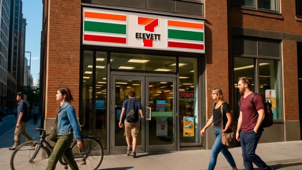 Street view of 7-Eleven store amidst city life.