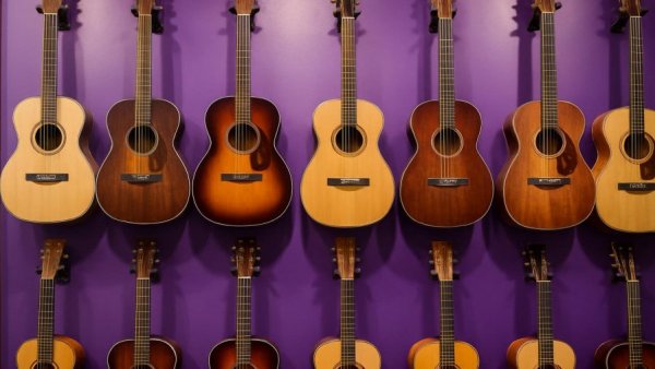 Diverse collection of guitars displayed on a purple wall in a music store.