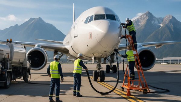 Jet fuel shortage impacting airlines with refueling of large plane at sunny airport.