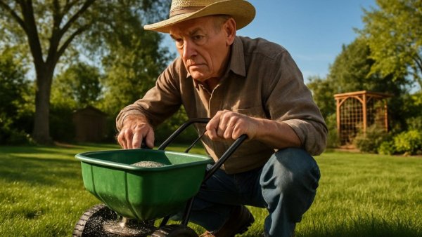 Older man spreading fertilizer on lawn, highlighting common fertilizer mistakes.
