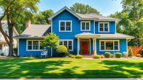 Contemporary blue house exterior in suburban setting