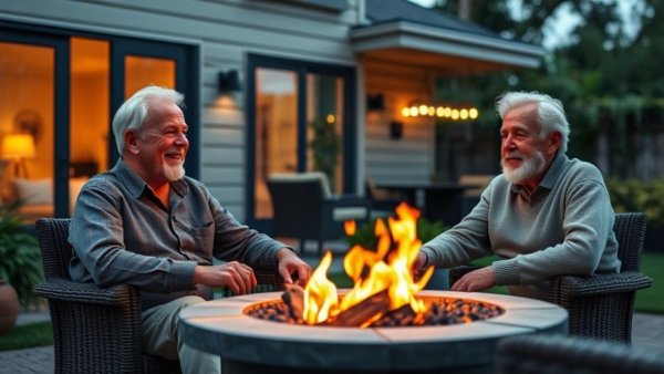Older couple enjoying a cozy fire outside their modern home, illustrating how to keep your home warm and your energy bill lower this winter.