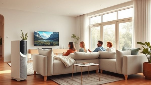 Air purifier in modern living room with people watching TV, addressing cannabis smoke odor.