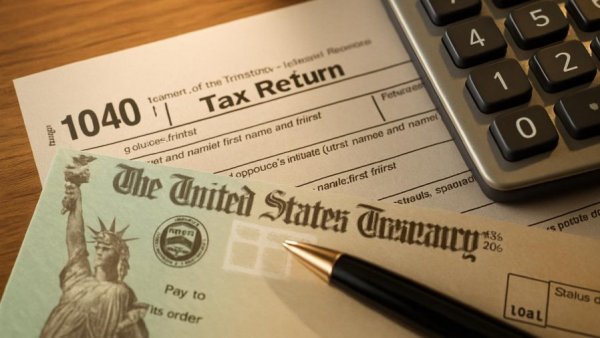 Tax documents, Treasury check, and calculator representing Trump Tax Cuts.