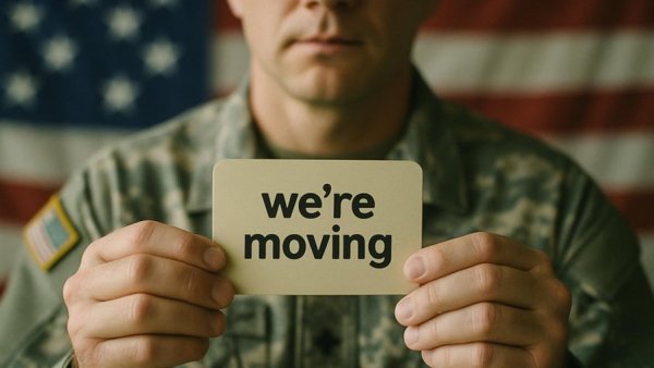 Military member holding 'we're moving' sign; PCS move car insurance.