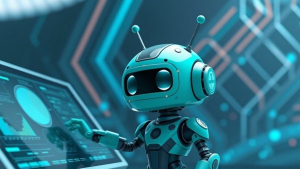 Futuristic teal robot by digital panel, NFC tag hacks concept.