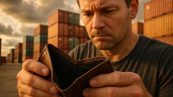 Close-up of empty wallet at shipping yard, highlighting tariff refund process.