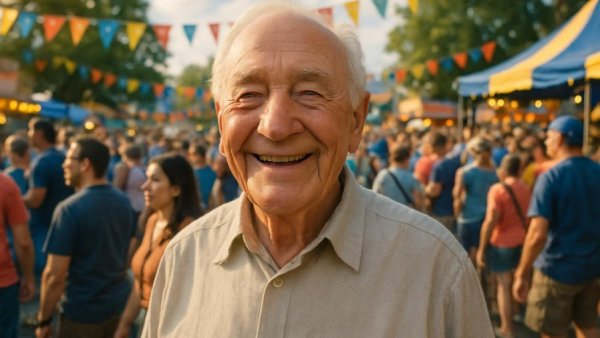 A smiling man in a crowd, related to Tim Cook stepping down as Apple CEO.