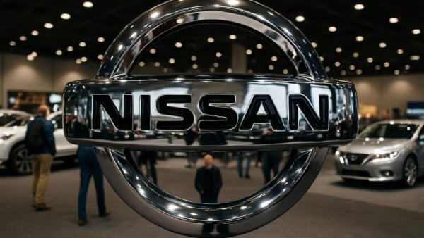 Nissan logo reflecting cars and visitors at auto show.