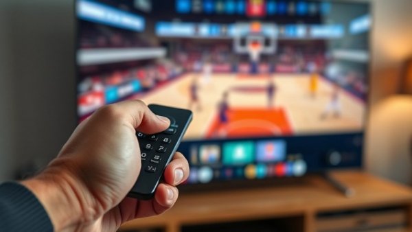 Hand holding remote for Smart TV settings with blurred game.