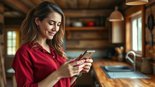 Casual woman in cabin using smartphone, off-grid home security concept.