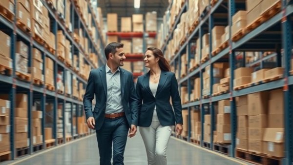 Professionals discussing logistics in a dynamic warehouse aisle.