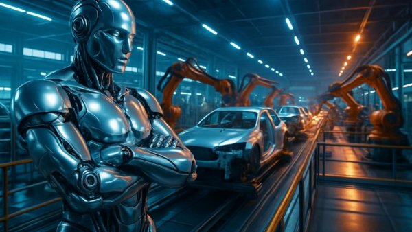 Futuristic Tesla Optimus Robot in high-tech factory