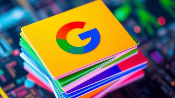 Google logo on colorful cards, symbolizing technology integration.