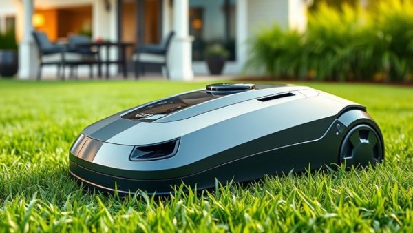 Airseekers Tron SE robotic lawn mower in action in modern backyard.
