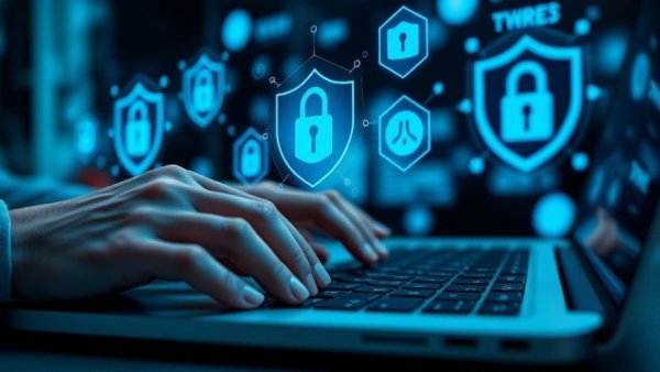 Hands typing on laptop with digital security overlays, autonomous AI agents in cybercrime theme.