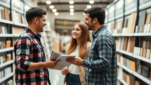 Couple choosing tiles with store associate for home improvements.
