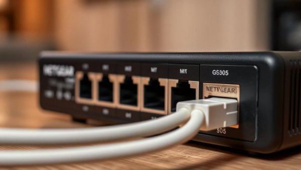 Close-up of NETGEAR GS305 switch with Ethernet connections.