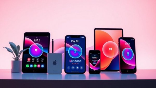 Modern Apple tech display featuring Siri and devices.