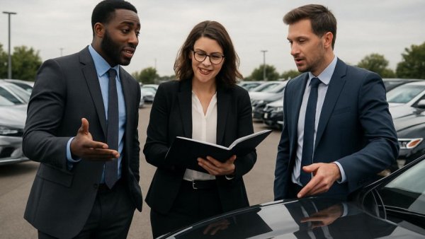 Business professionals in car lot discussing options: Can You Afford to Insure Your New Car?