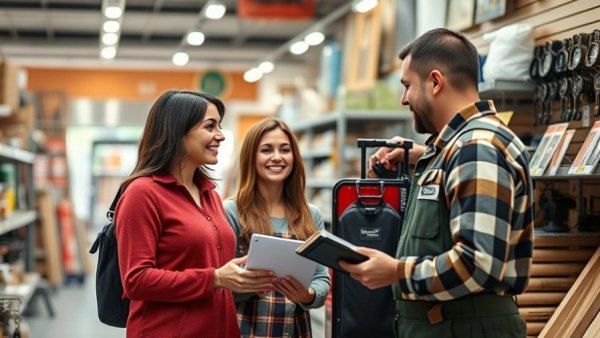 Couple discussing home improvements with store employee in tile section.