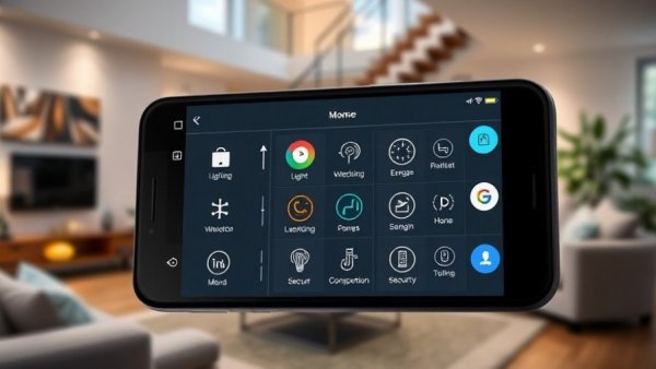 Smart home automation interface on phone screen.