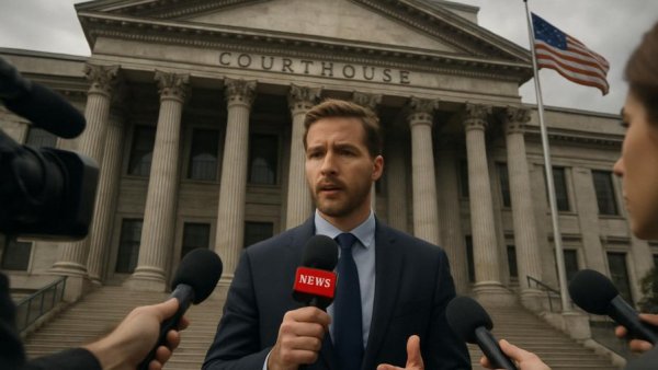 U.S. Trade Court with reporter covering Trump's Trade Agenda Tariff Ruling.