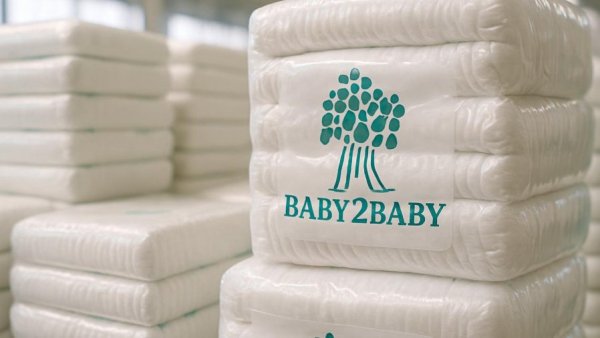 Stacks of Baby2Baby diapers in warehouse for California free diapers program.