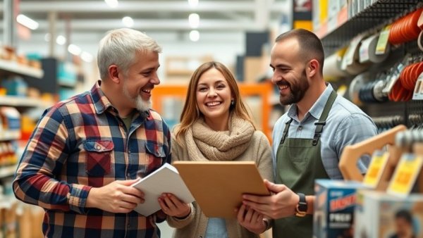 Cheerful couple consulting in store for home improvements.