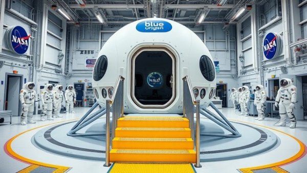 Blue Origin moon lander model at NASA training facility.