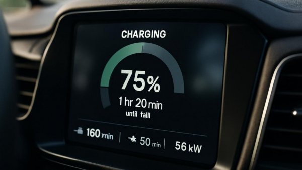 EV dashboard screen displaying charging rate and status in warm weather.