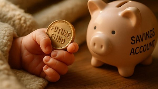 Newborn with Future Fund coin and piggy bank, Trump Accounts for newborns.