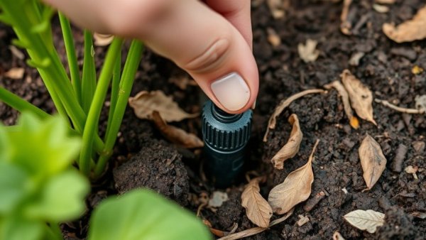 Drip irrigation system installation example, garden setting with hand adjusting tube