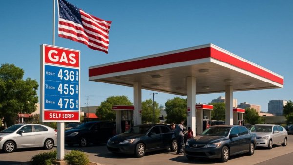 Gas station showing fuel price increase under blue sky.