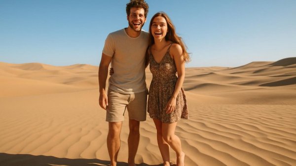 Couple enjoying freedom in desert, symbolizing achieving financial independence at 25.