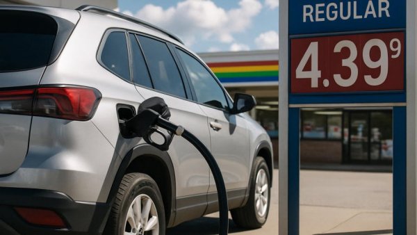 Silver SUV fueling at a gas station with visible price sign.