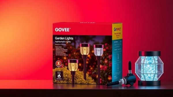 Colorful Govee outdoor garden lights deal packaging on a gradient background.