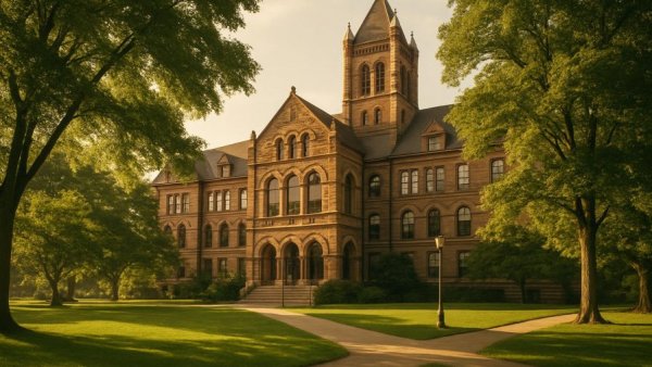 Historic university building amidst greenery illustrating states losing international students.
