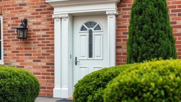 Classic white front door of brick house with shrubs; Why Replace Your Front Door.