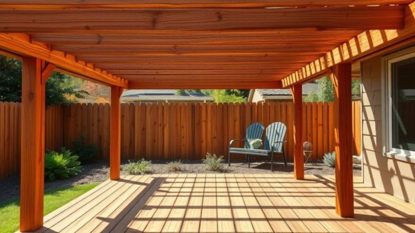 Wooden deck frame construction in a backyard for home improvement articles.