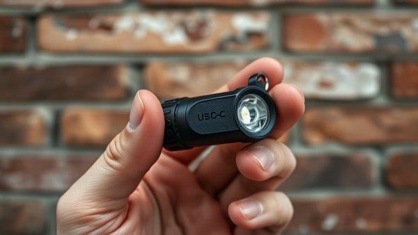 Close-up best USB-C keychain flashlight against brick wall.