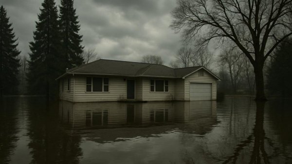 Flooded suburban house, emphasizing flood insurance needs.
