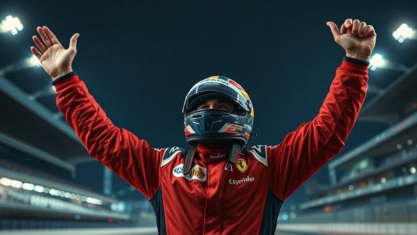 F1 driver celebrating victory under stadium lights, vibrant colors