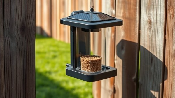 Smart bird feeder with solar panel on wooden fence.