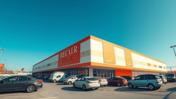 Vibrant retail store signage with busy parking area in daylight.