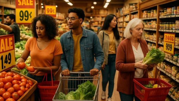 Kroger Price Cuts visual with diverse customers and sale signs
