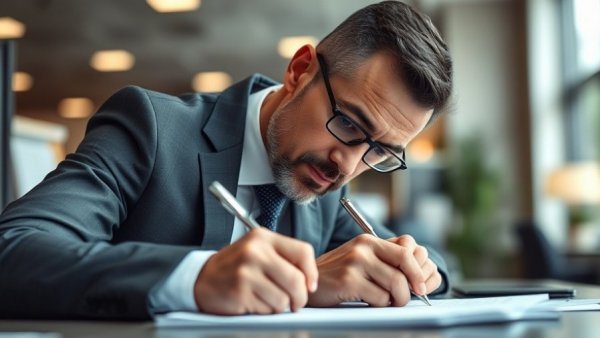Focused businessman writing on documents for working capital solutions